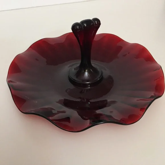 Vintage art Deco Cranberry Glass Candy Dish Wavy Edging with Handle Trinket Tray - Picture 8 of 11